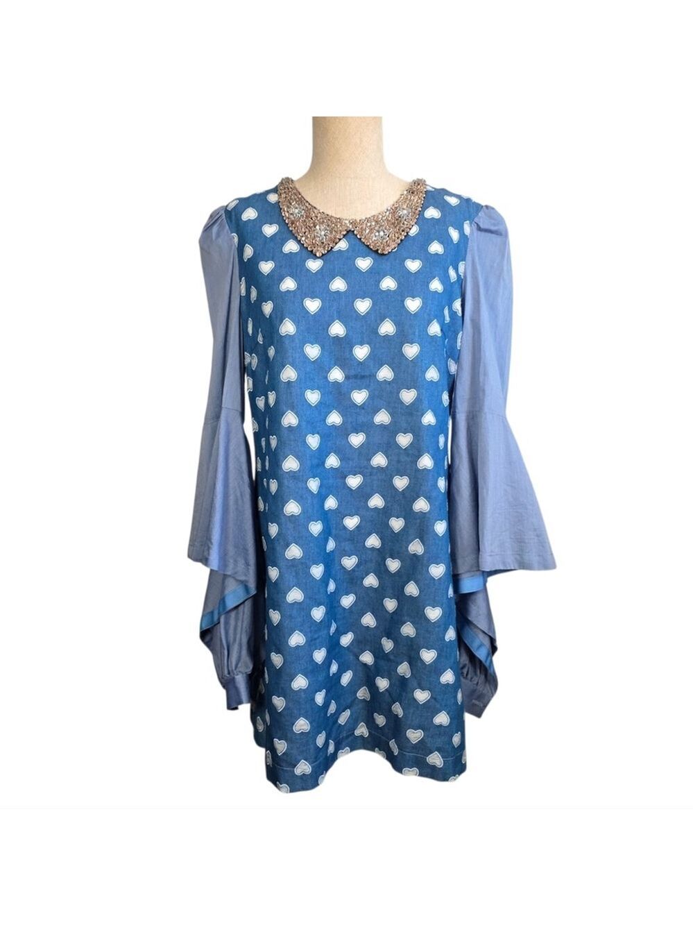 Tenax Made in Italy Blue Heart Print Dress Beaded Peter Pan Collar Bell Sleeve 6